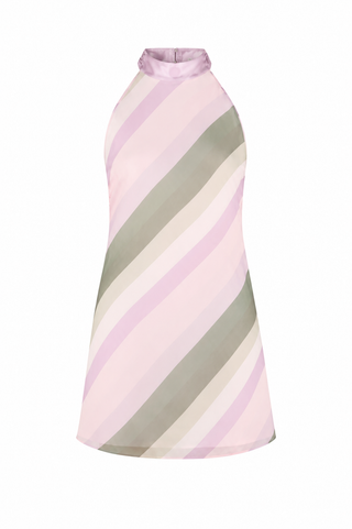 Striped dress with pink and green diagonal pattern on a white background