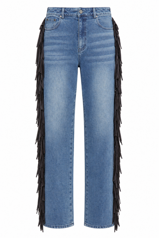 Fringe-Trimmed High-Waist Denim Jeans