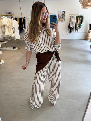 Striped Top Pants and Scarf Three Piece Set in Brown