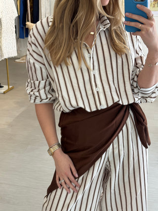 Striped Top Pants and Scarf Three Piece Set in Brown
