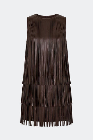 A sleeveless dark brown pleated dress with a tiered fringe effect, shown against a light gray background.
