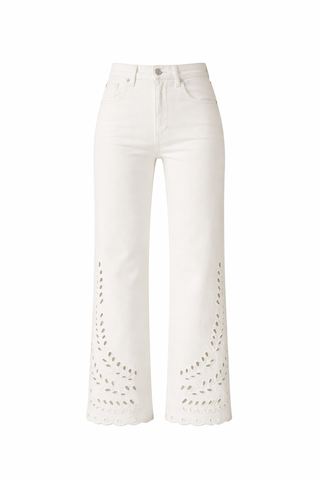 White jeans with cut-out details on a white background