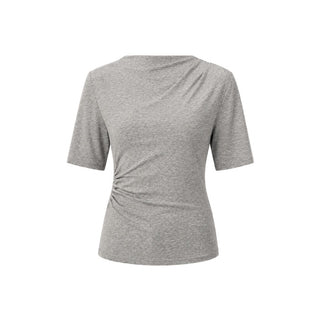 A heather gray short-sleeve t-shirt with a draped, asymmetrical neckline and a gathered side detail, shown against a plain white background.