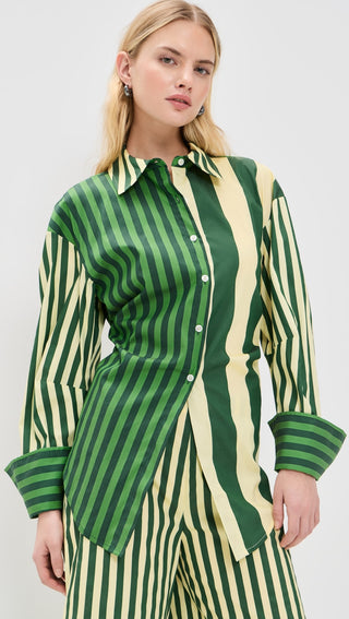 Simon Miller Loch Poplin Button Up Top in green striped combo featuring a collared neckline, long sleeves, button front, and adjustable tie back detail on model