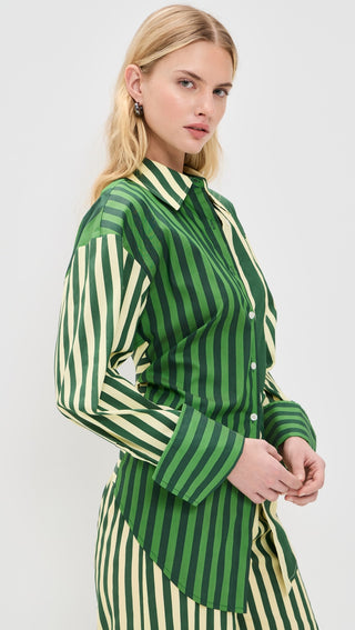 Simon Miller Loch Poplin Button Up Top in green striped combo featuring a collared neckline, long sleeves, button front, and adjustable tie back detail on model