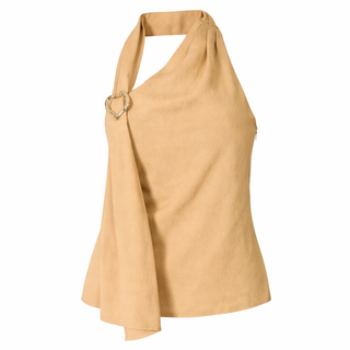 Beige halter top with a heart-shaped brooch on a white background