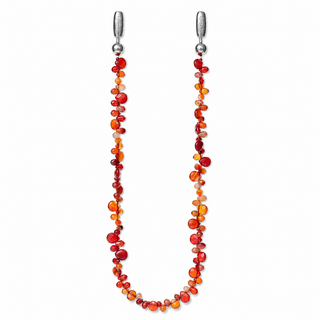 A beaded necklace featuring multiple strands of polished amber-like beads in vibrant shades of red, orange, and yellow, suspended from silver-toned metal rings on a plain white background.