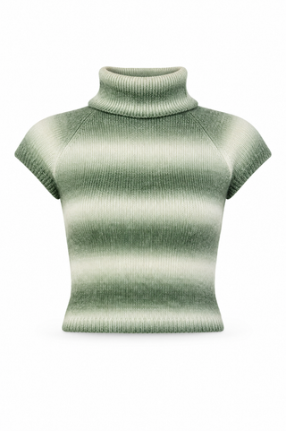 A green and cream striped ribbed knit turtleneck sweater with cap sleeves, displayed on a clean white background.
