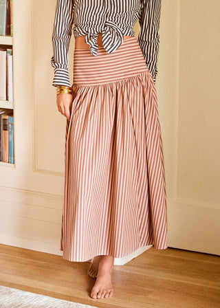 Solid & Striped Magnolia Skirt in Poplin Walnut and Camel Stripe