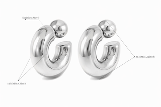 Silver hoop earrings with measurements on a white background