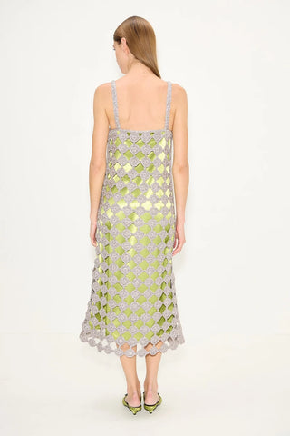 Zyla Crochet Midi Dress in Silver & Green