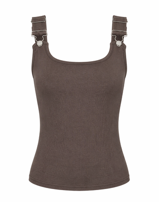 Racer Back Tank Top with Buckled Straps in Brown