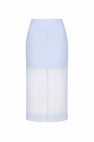 Light blue skirt with a white panel on a white background