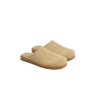Pair of beige slippers on a white background