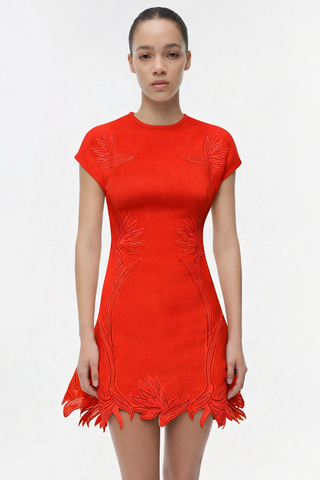 Model wearing a red dress with intricate designs on a white background