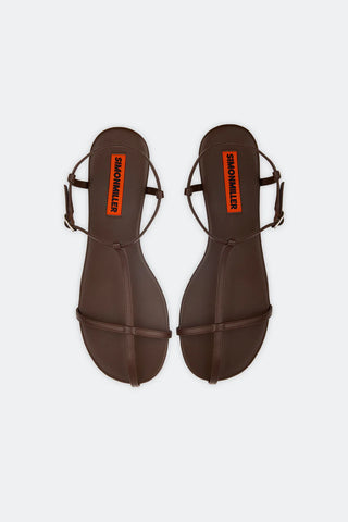 Pair of brown sandals with a brand logo on a white background