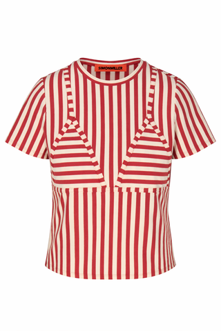 Red and white striped top with a bow detail on a white background