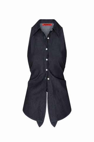 Black sleeveless shirt with buttons on a white background