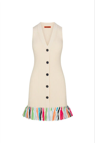 Beige vest with black buttons and a colorful striped hem on a white background