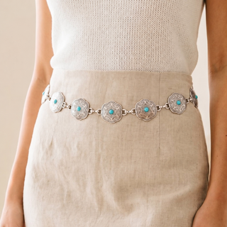 Floral Disc Western Chain Belt in Silver