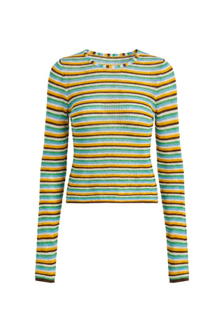 Striped long-sleeve top with green, yellow, and blue pattern on a white background
