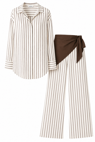 Striped Top Pants and Scarf Three Piece Set in Brown