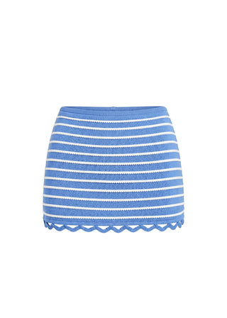 Celeste Tucked Stripe Mini Skirt in Marina Blue featuring a two tone scalloped stripe knit, low rise fit, elastic waistband, contrast zig zag trim, and built in jersey shorts.
