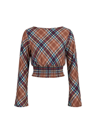 Solid & Striped Ace Walnut Wood Plaid Smocked Waist Top