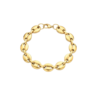 A gold-colored chain link bracelet with polished oval links, displayed on a clean white background.
