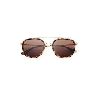 Oversized square sunglasses with a gold-tone metal frame, brown gradient lenses, and a tortoiseshell acetate front, shown against a plain white background.