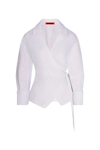 White blouse with a V-neckline on a light gray background