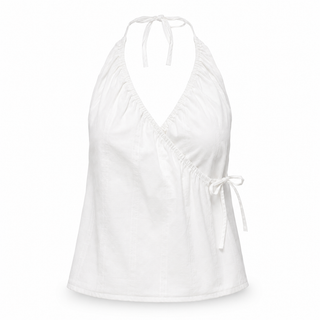 A white halter-style wrap top with a deep V-neckline and side tie detail, shown against a plain white background.