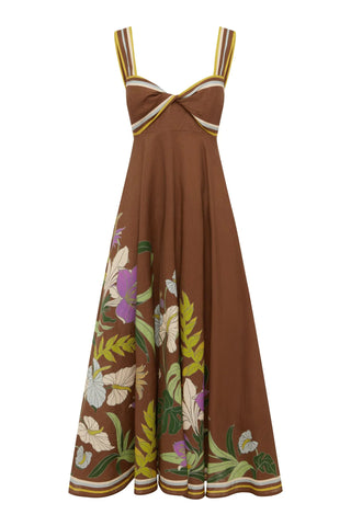 Brown dress with floral patterns on a white background