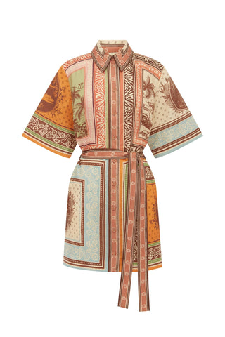 ALÉMAIS Alberta linen mini shirtdress with pointed collar self-tie belt and straight silhouette