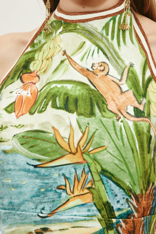 ALÉMAIS Toucan Tango halter mini dress in organic cotton with fitted silhouette and self-tie neckline