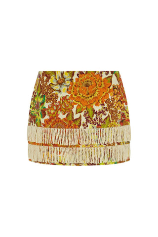 ALÉMAIS Lana Mini Skirt in European linen with layered fringe detailing and fitted mini silhouette.