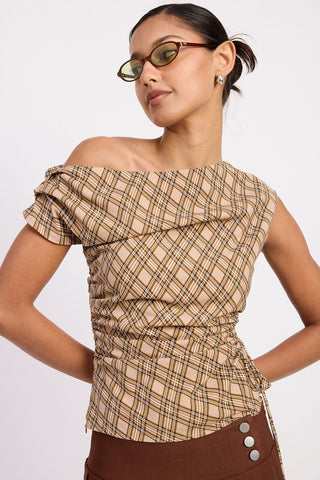 Asymmetric One - Shoulder Ruched Plaid TopClothingChayse Clothing