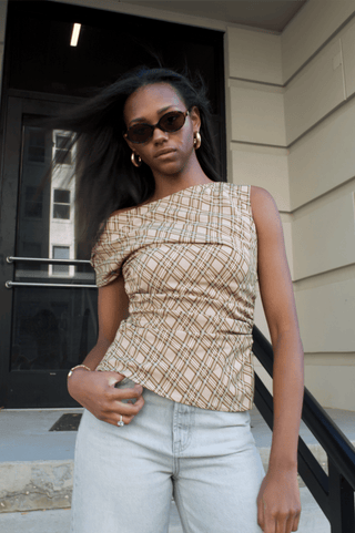 Asymmetric One - Shoulder Ruched Plaid TopClothingChayse Clothing