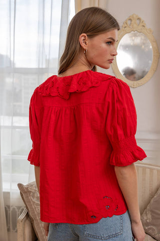 Elodie Embroidered Scallop Blouse in Red