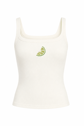 Beaded Lime Square Neck Ribbed Tank Top in CreamTopEmory Park