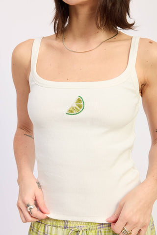 Beaded Lime Square Neck Ribbed Tank Top in CreamTopEmory Park