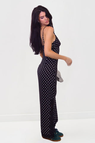 Black Polka Dot Printed Midi Dress with Black Contrast Lace & Side SlitDressChayse Clothing