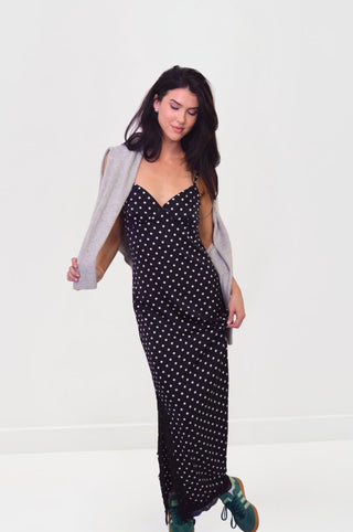 Black Polka Dot Printed Midi Dress with Black Contrast Lace & Side SlitDressChayse Clothing