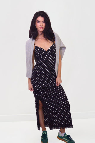 Black Polka Dot Printed Midi Dress with Black Contrast Lace & Side SlitDressChayse Clothing
