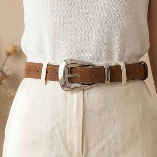 Bulky Buckle Vegan Suede Belt in Brown and Silver