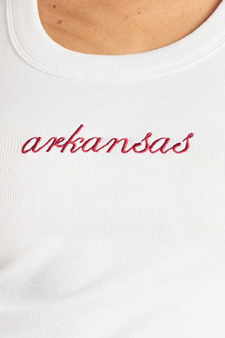 “Arkansas” Embroidered Ribbed Tank Top in White