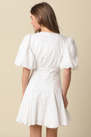 Celeste Puff Sleeve Flare Mini Dress in Textured CottonDressChayse Clothing
