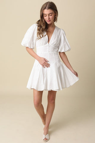 Celeste Puff Sleeve Flare Mini Dress in Textured CottonDressChayse Clothing