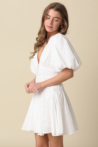 Celeste Puff Sleeve Flare Mini Dress in Textured CottonDressChayse Clothing