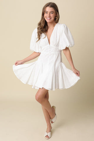 Celeste Puff Sleeve Flare Mini Dress in Textured CottonDressChayse Clothing